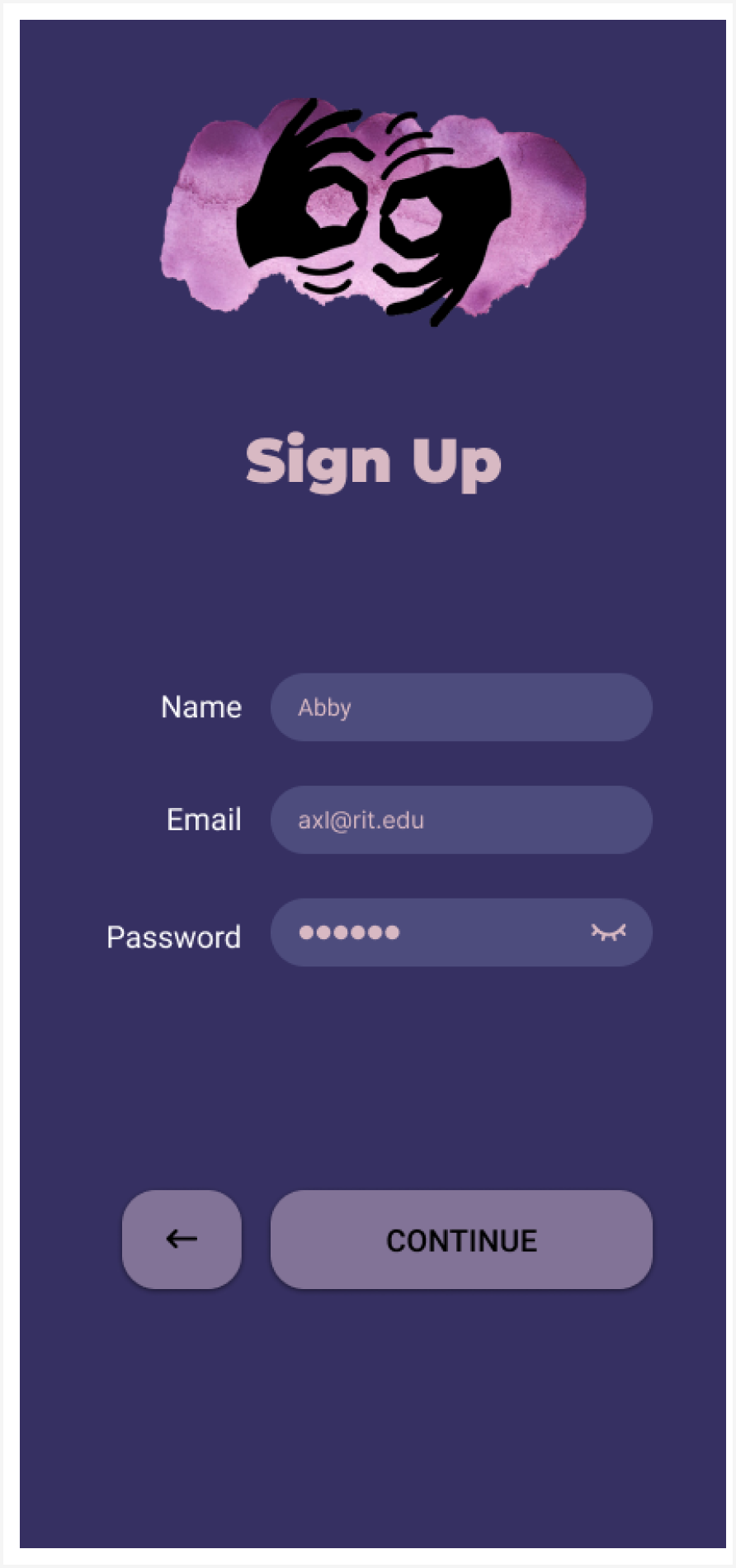 App screen sign up form with text fields for name, email, and password. Back button is shown next to continue button.