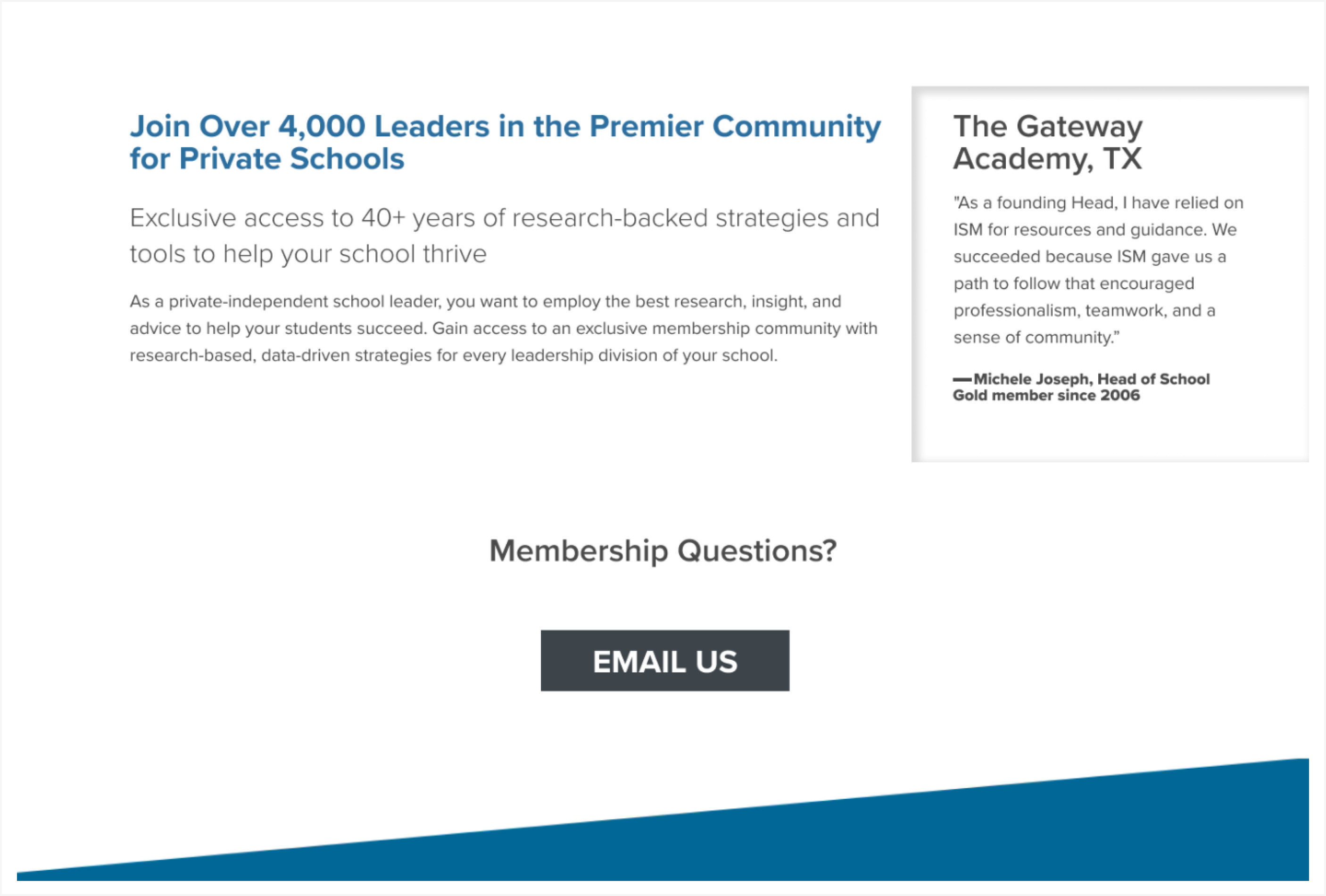 ISM Membership end of page with quote from a school and an email us button